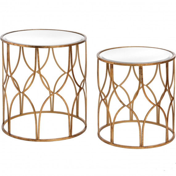 Vintage lattice detail gold side tables pair