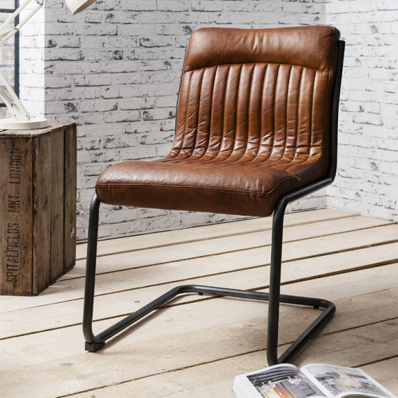 Industrial leather dining chair brown