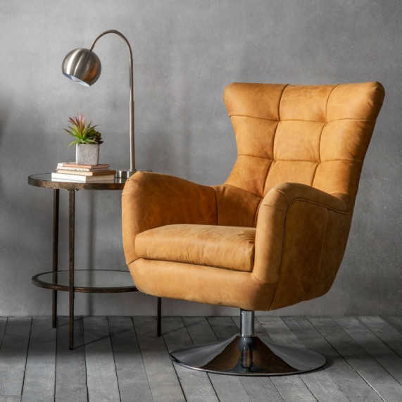 Modern leather swivel chair saddle tan