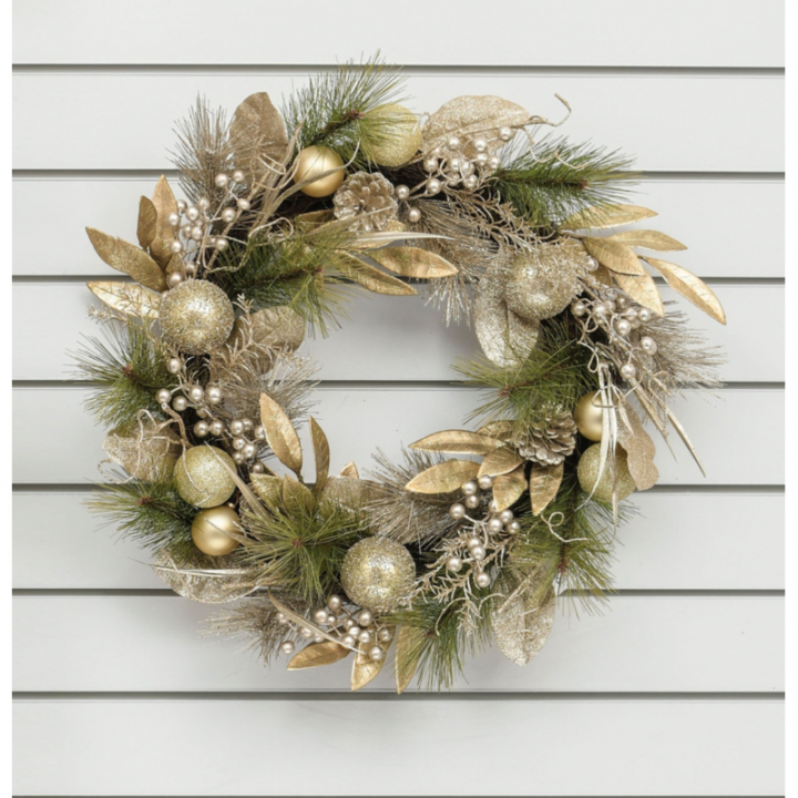 60cm glitter mixed leaf wreath champagne