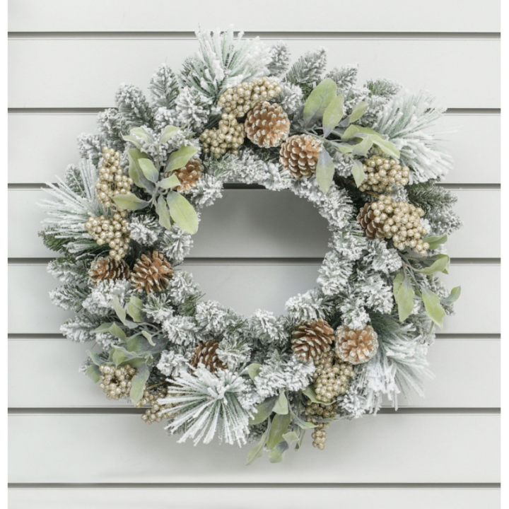 60cm flock pine cone wreath gold