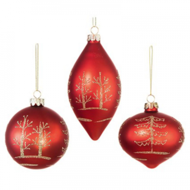 Red glass tree design ornament 80mm asstd
