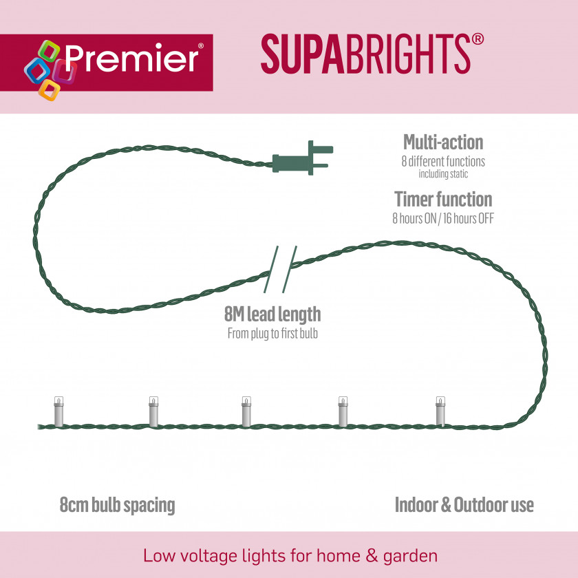200 Multi Action LED Supabrights Clear Cable with Timer- White