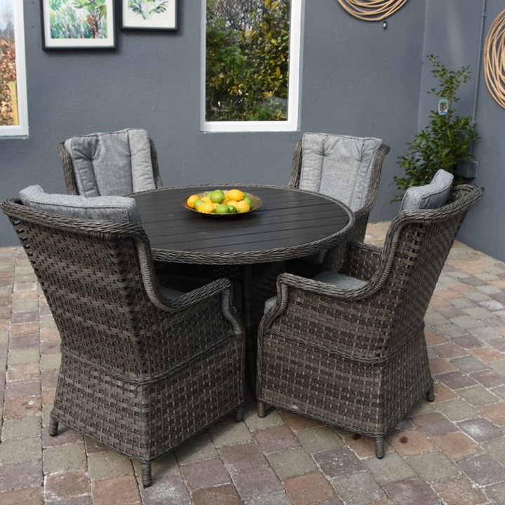 Boston 4 Seat Round Set Polywood Dark Grey Rw Boston 4 Seat Round Set Polywood, Rattan Garden Furniture Round Table And Chairs
