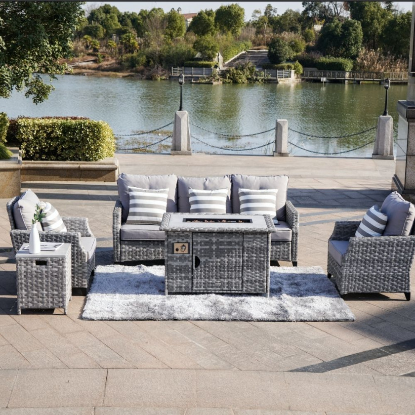 Venice - Sofa Set with Rectangular Table & Fire Pit (Light Grey)