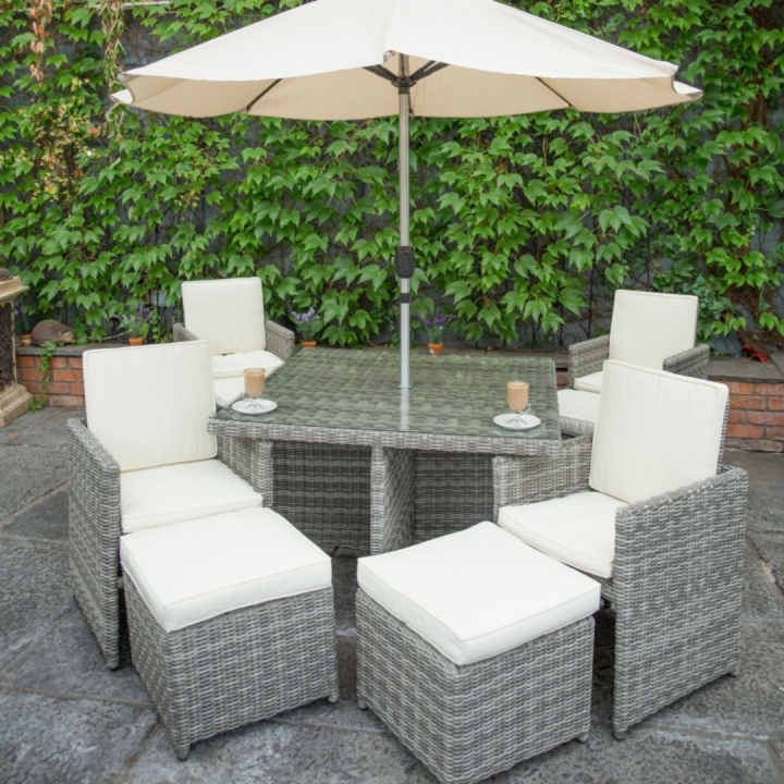Oxford 4 Seat Cube Set With Square Table Light Grey Rathwood - 4 Seater Rattan Garden Furniture Set With Parasol