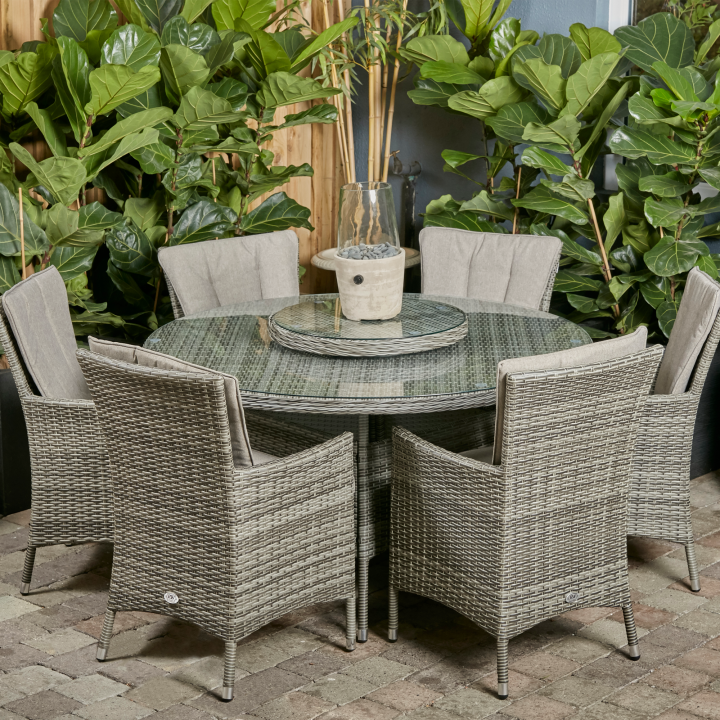 Sicily 6 seat set with round table lazy susan light grey