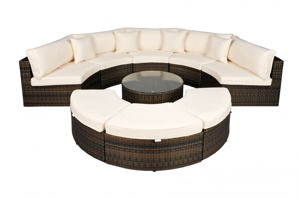 Morocco Curved Sofa Set With 80cm, Monaco Semi Circle Rattan Garden Sofa Set With Ottomans Grey