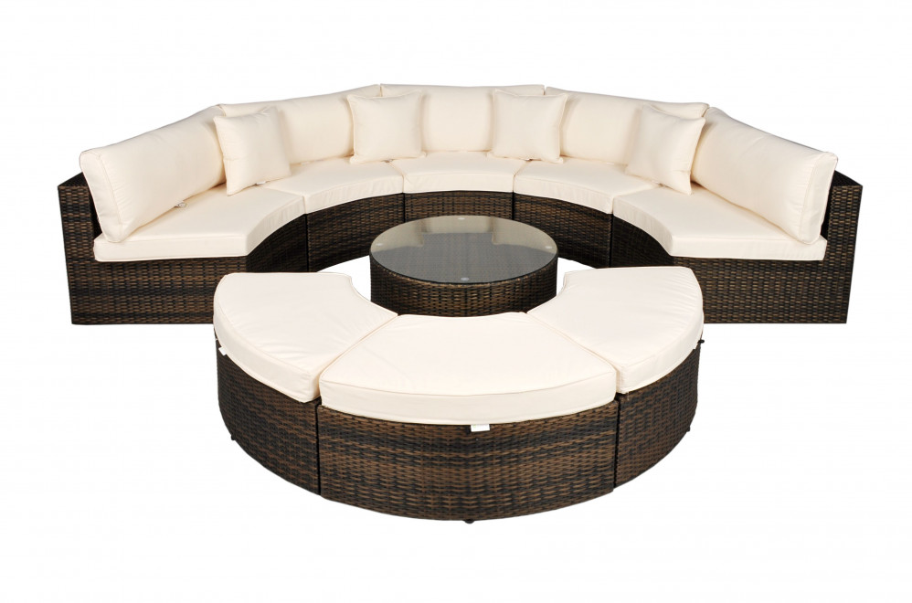 Morocco Curved Sofa Set With 80cm Round Coffee Table Dark Brown Rathwood Morocco Curved Sofa Set With 80cm, Monaco Semi Circle Rattan Garden Sofa Set With Ottomans Grey