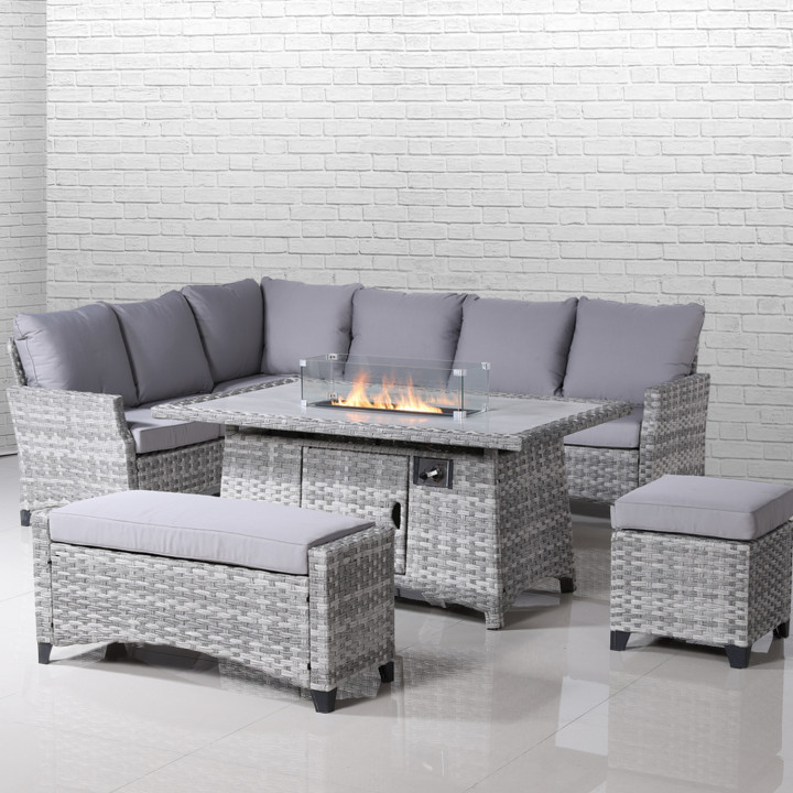 Turin Corner Sofa Set With Rectangular Table Fire Pit Light Grey Rathwood - Corner Garden Furniture With Fire Pit