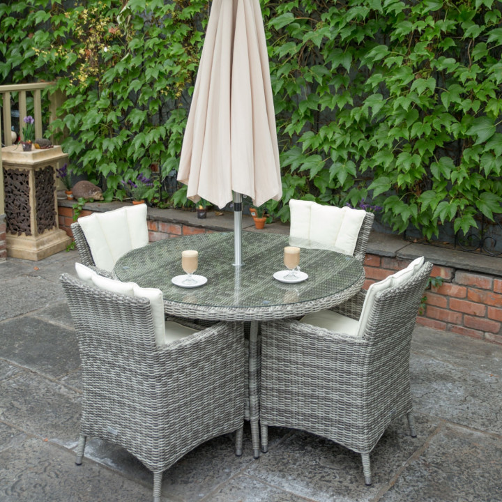 Oxford 4 Seat Set With 120cm Round Table Light Grey Rathwood - 4 Seater Rattan Garden Furniture Set With Parasol