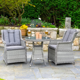 Bali rattan bistro set with table two armchairs with cushions grey