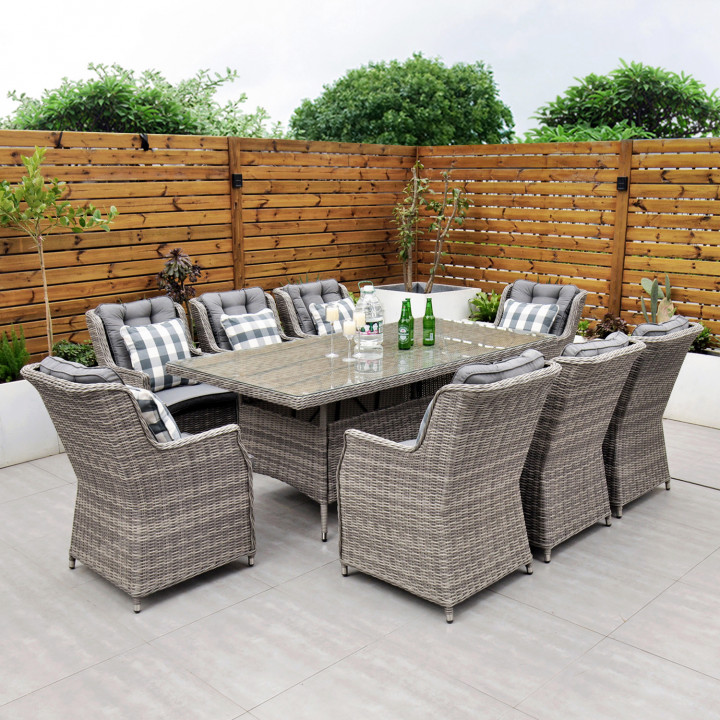 Yale 8 seat set with rectangular table grey cushions
