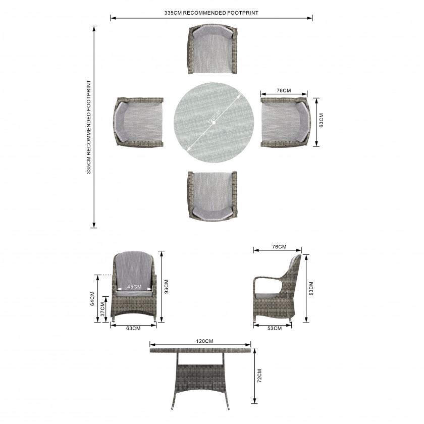 Parma - 4 Seater Set with 120cm Round Table (Grey)